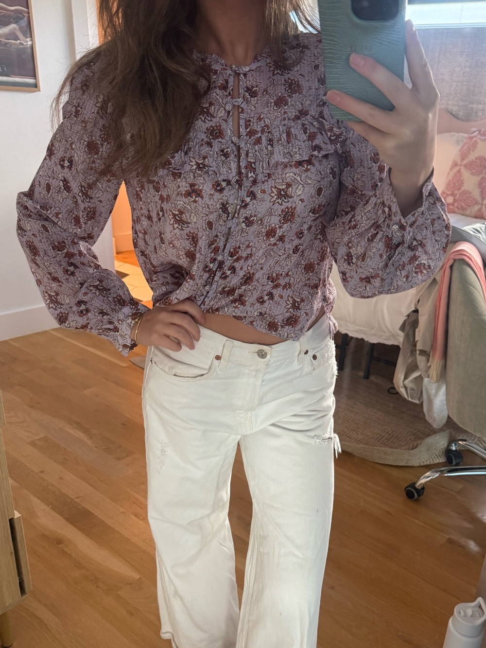 Veronica Beard Floral Ruffle Long-Sleeve Top